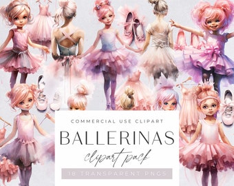 Pink Watercolor Ballerina Clip Art, Tutu and Ballet Shoes, for commercial use, Transparent PNGs, Dancing Ballerinas, Girls Clipart