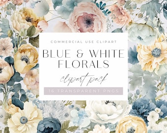 Blue and White Floral Watercolor Clipart Pack, Clip art for commercial use, Transparent PNGs, Bohemian Wild flowers, Dusty Blue Florals