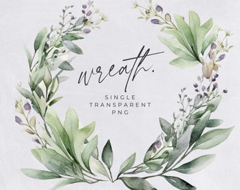 Op de afbeelding: Een aquarelkrans met groene bladeren en paarse bloemen. De krans heeft de vorm van een cirkel en heeft het handgeschreven woord "wreath" in het midden. De tekst "Single Transparent PNG" staat onder de krans.