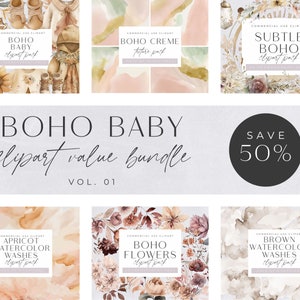 Pacchetto Clipart Boho Baby, Moderno, Bouquet di fiori, Baby shower ad acquerello, Decorazione per la cameretta dei bambini, Vestiti per bambini, PNG trasparente, Fiore Boho,