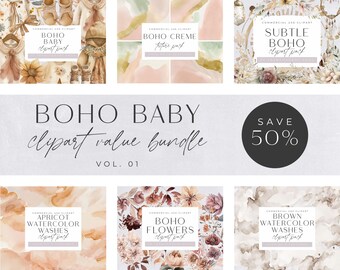 Boho Baby Clipart Bundle, Modern, Flower Bouquet, Watercolor Baby Shower, Nursery Decor, Baby Clothes, Transparent PNG, Bohemian Flower,