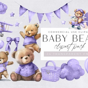 Paquete de imágenes prediseñadas de osito de peluche de acuarela, baby shower para niño, imágenes prediseñadas para uso comercial, PNG transparentes, globos de avión morados