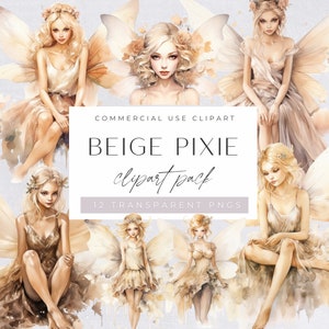 May include: A set of 12 digital clipart images featuring beige fairies with wings. The fairies are depicted in various poses, with some sitting and others standing. The images are in a watercolor style and have a soft, dreamy aesthetic. The text "Beige Pixie clipart pack 12 transparent PNGs" is displayed on a white rectangle.