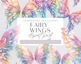 Fairy Wings Clipart, Watercolor Angel Wing Clip Art, Pastel Fantasy Graphics, Rainbow Colors, Halo, Card Making, Commercial License