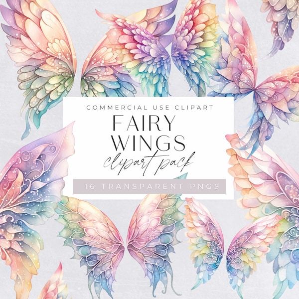 Fairy Wings Clipart, Watercolor Angel Wing Clip Art, Pastel Fantasy Graphics, Rainbow Colors, Halo, Card Making, Commercial License