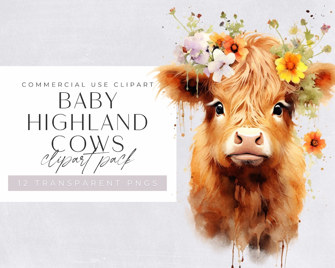 Baby Highland Cow Clipart Watercolor, Boho Cow With Flowers Clip Art ...