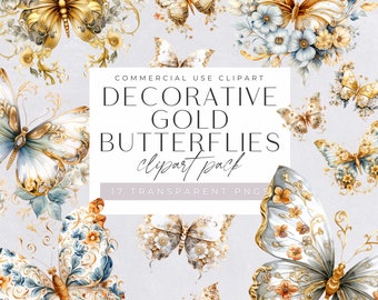 Clipart de mariposa dorada, paquete de imágenes prediseñadas de mariposas y flores en acuarela, insectos dorados, png transparente, alas de mariposa, uso comercial