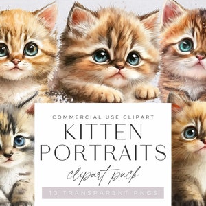 Kittens Portraits clipart pack, Clip art for commercial use, Transparent PNGs,  Cute, Adorable WatercolourTabby Cats, Kitty Clip Art