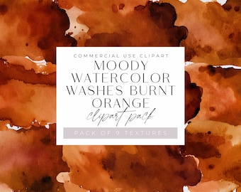 Stimmungsvolle Aquarellwaschungen Gebrannte Orange Clipart Pack, Terrakotta Textur Hintergründe, JPEG, kommerzielle Nutzung, Braun Textur Aquarell