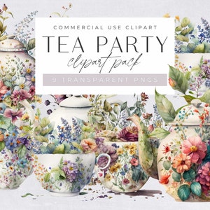 Watercolor Tea Party Clipart, Commercial Use, Transparent PNGs, Floral Vintage Teacups, Flower Tea Set, Tea Time Clip Art, Digital Download
