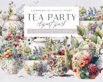 Watercolor Tea Party Clipart, Commercial Use, Transparent PNGs, Floral Vintage Teacups, Flower Tea Set, Tea Time Clip Art, Digital Download
