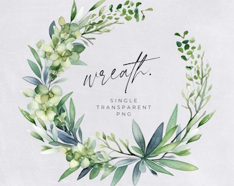 Op de afbeelding: Een aquarelkrans met groene bladeren en witte bloemen. De krans heeft de vorm van een cirkel en heeft een eenvoudig, elegant ontwerp. De tekst "wreath" is in cursief op de krans geschreven.