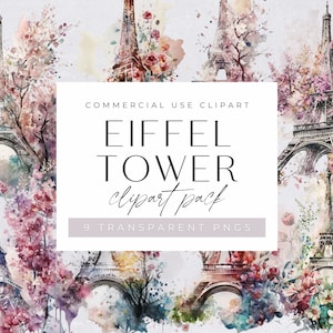 Pack de cliparts Tour Eiffel, aquarelle florale de Paris, illustration pour un usage commercial, PNG transparents, monument français, voyage, France