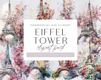 Eiffel Tower Clipart Pack, Paris Floral Watercolor, illustration for commercial use, Transparent PNGs, French Landmark, Travel, France