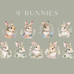 May include: Nine watercolor illustrations of bunnies wearing flower crowns. Each bunny is surrounded by flowers and greenery. The text "9 BUNNIES" is at the top of the image.