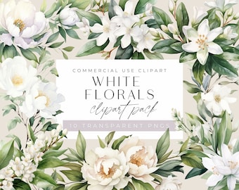 Vitt grönt blommigt clipart, blommor clipart, blombuketter, akvarellblommor, kommersiellt bruk, transparenta PNG-bilder, inbjudningar, inbjudningar