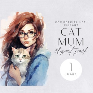 Clipart maman chat, chats aquarelles, amoureux des chats, clipart à usage commercial, PNG transparents, femmes, maman chat tenant un chat, propriétaire de chat