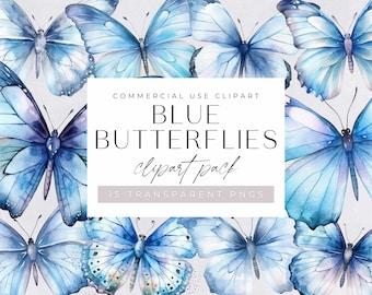 Blaue Schmetterlinge Clipart Pack, transparente Png Clipart, Aquarell Schmetterling Clipart, Illustrationen und Grafiken, kommerzielle Nutzung, hellblau