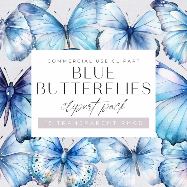 Pack de Clipart papillons bleus, clipart png transparent, Clipart papillon aquarelle, Illustrations et graphiques, utilisation commerciale, bleu clair