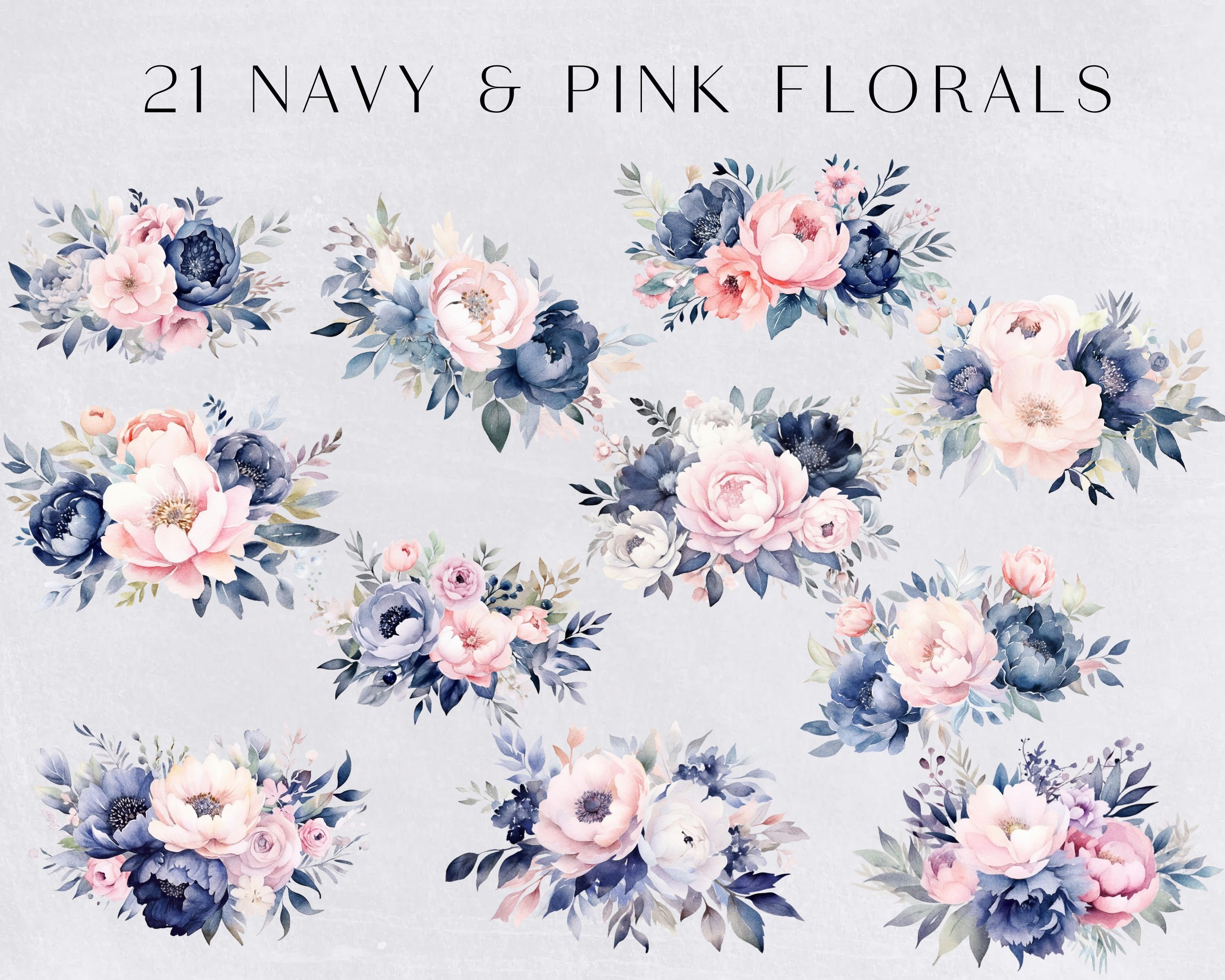 Navy and Pink Floral Watercolor Clipart Pack, Navy and Blush Flower ...