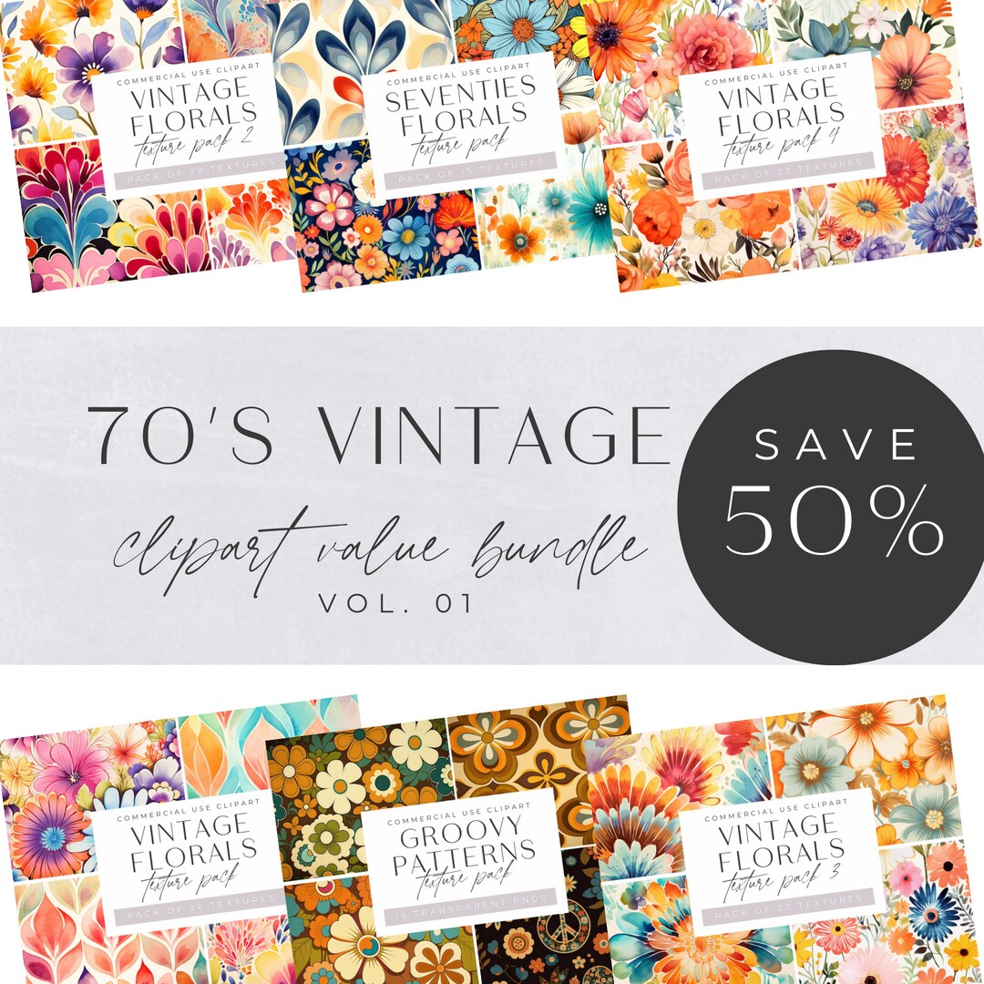 Retro 70s Clipart Bundle, Vintage Florals, Colorful Seventies Flower ...