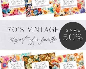 Retro 70s Clipart Bundle, Vintage Florals, Colorful Seventies Flower Background Clip Art, PNG, Large Groovy Hippi, Watercolor Bright Colors,