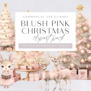 Watercolor Pink Christmas Clipart Bundle, Holiday Season Clip Art, Cute Reindeer, Tree with presents, Commerical Use Transparent PNGs,