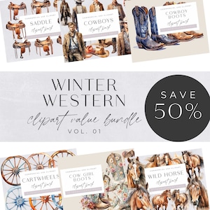 Winter Western Clipart Bundle, Dallas Cowboys, Cowgirl-Stiefel, Wildpferde, Aquarell Pferdesättel, Southwestern, Wagenräder, Ranch & Wüste