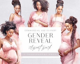 May include: Seven digital illustrations of pregnant women with dark brown skin and long, dark brown hair in braids. The women are wearing pink dresses and are posed in different positions. The illustrations are in a watercolor style and have a soft, dreamy feel.