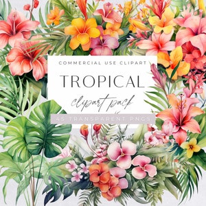 Clipart fleurs et feuilles tropicales, graphiques aquarelle de feuilles de palmier, feuilles séchées et fleurs clipart, Illustrations de bouquets colorés