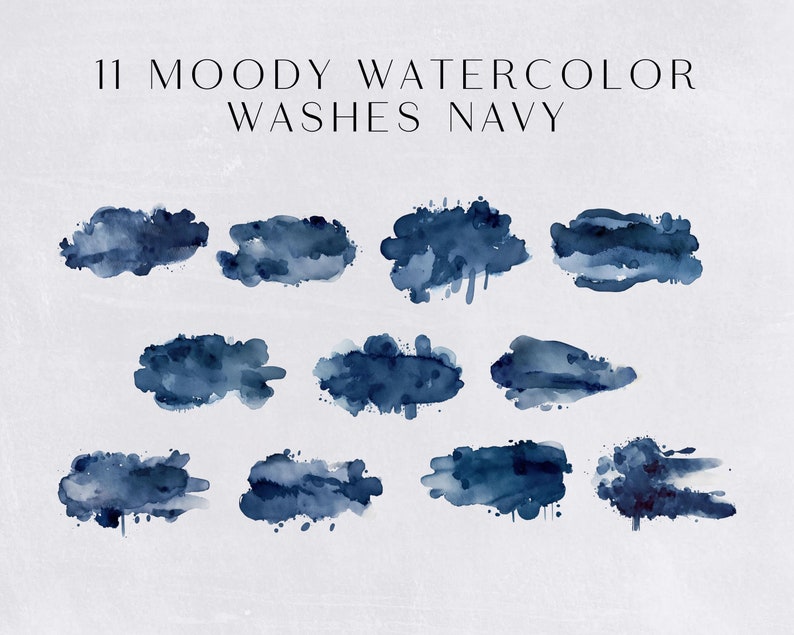 Navy Watercolor Washes Clipart, Dark and Moody Navy Blue Texture Backgrounds for commercial use, Transparent PNGs, Digital Download image 3