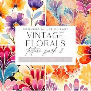 May include: A digital collage of four different floral patterns. The patterns are all in shades of pink, orange, yellow, blue, and purple. The text "COMMERCIAL USE CLIPART VINTAGE FLORALS texture pack 2 PACK OF 28 TEXTURES" is in the center of the image.