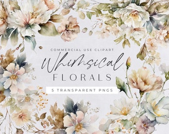 Wild Flower Clipart Pack, Clipart for commercial use, Neutral Floral, Spring Clipart, Transparent PNGs, Wedding Botanical Florals, Dainty