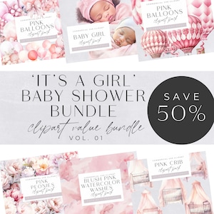 Its a Girl Clipart Bundle, Pink Baby Shower Clip Art, Newborn Graphics, Nursery Decor,  Baptism Christening Clipart, Gender Reveal Clipart