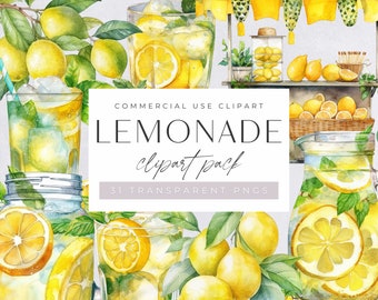 Lemonade Clipart, Tropical Summer Drinks Clip Art, commercial use, Citrus Fruits Transparent PNGs, Watercolor Lemonade Stand, Jugs & Glasses