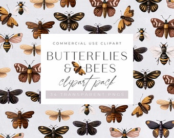 Butterflies & Bees Clipart Pack, Clipart for commercial use, Gouache, Spring Garden Bugs, Butterfly, Honeybee, Beetles, Transparent PNGs