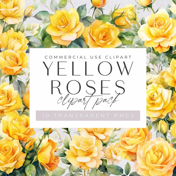 Pack Clipart Roses jaunes, aquarelle Rose, Bouquet Floral d’été à usage commercial, PNG transparents, mariage fleur Clip Art, Boho Rose