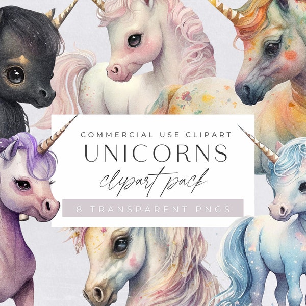 Unicorn Watercolor Clipart Pack, Pegasus Clipart for commercial use, Magic Fantasy, Rainbow Unicorn, Pegasus Wall Art Transparent PNGs,