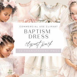 Baptism Clipart, Christening Dress, Vintage, Watercolor transparent png clipart, Religious, Christian, Flower Girl, Commercial use