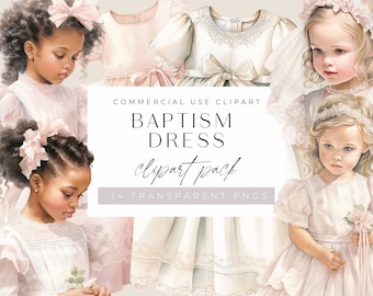 Baptism Clipart, Christening Dress, Vintage, Watercolor transparent png clipart, Religious, Christian, Flower Girl, Commercial use