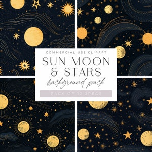 Sun Moon and Stars JPEGS, Celestial Starry Night Digital Paper, Twilight Skies Backgrounds,  Galaxy Scenes, Commerical Use, Instant Download
