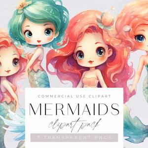 Mermaid Clipart, Fairy Tale, Magical Fantasy Clip Art, Nursery Decor, Girls Watercolor Illustrations, transparent png, commercial use