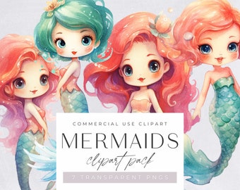 Clipart di sirene, fiaba, clipart di fantasia magica, decorazioni per la cameretta dei bambini, illustrazioni ad acquerello per ragazze, png trasparente, uso commerciale
