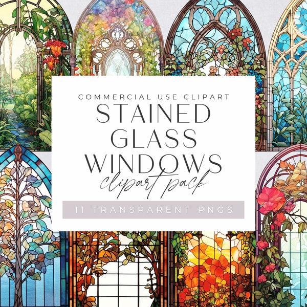 Stained Glass Windows Clipart, Colourful Vintage Window with flowers, Arched, Arch, Church, Pattern for commercial use, Transparent PNGs,