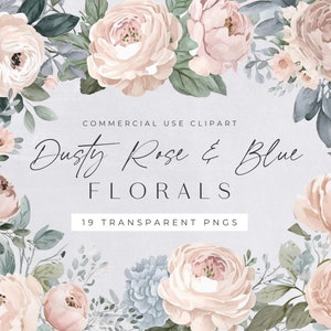 Dusty Rose and Blue Floral Watercolor Clipart Pack, Watercolor Flowers Clipart Commercial, Floral Bouquet Clip art, Transparent PNGs,