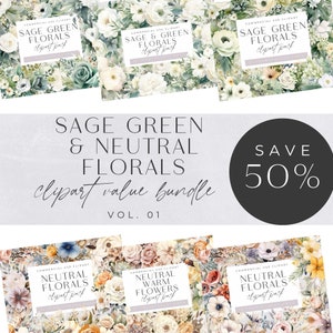 Sage Green Flowers Clipart Bundle, Neutral Floral Clip Art, Watercolor Greenery Png, Wedding Invite, Beige Watercolor Bouquets, Baby Shower