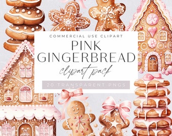 Pink Gingerbread House Clipart, Pastel Christmas Cookies, Bakery Clip Art, Watercolor Holiday Graphics, Digital Paper Craft, Commercial Use,