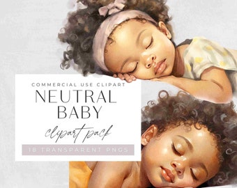 Puede incluir: Paquete de clipart digital de dos bebés durmiendo con piel morena y cabello rizado. Los bebés visten ropa amarilla y blanca. El texto "COMMERCIAL USE CLIPART NEUTRAL BABY clipart pack 18 TRANSPARENT PNGS" está sobre un fondo blanco.