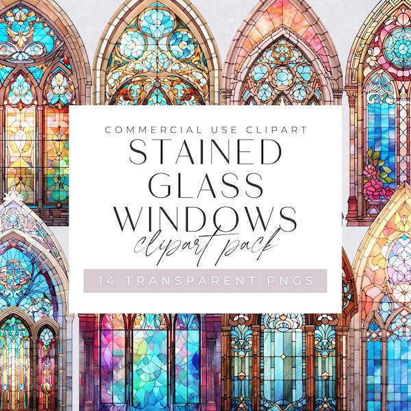 Stained Glass Windows Clipart, Colourful Vintage Window with flowers, Arched, Arch, Church, Pattern for commercial use, Transparent PNGs,