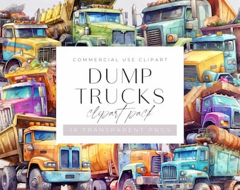 Watercolor Dump Trucks,  Big Yellow Construction Vehicles, Classic American Trucks,  Boys Clip Art, for commercial use, Transparent PNGs,